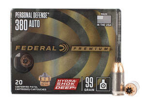 Federal Personal Defense 380 hydrashok ammo features a 99 grain hollow point bullet